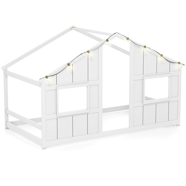 Costway Twin Size House Floor Bed with LED Lights Solid Wood Bed Frame without Slats White