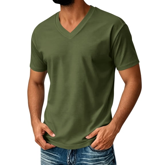 Men's Big and Tall Shirts Cotton V Neck Plus Size Short Sleeve Soft Casual 2026 Summer Tee Army Green 2XL