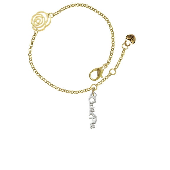 Delight Jewelry Silvertone Small Cutie Pie Script Gold-tone Rose Link Chain Bracelet, 6.25" 1.75" Extender