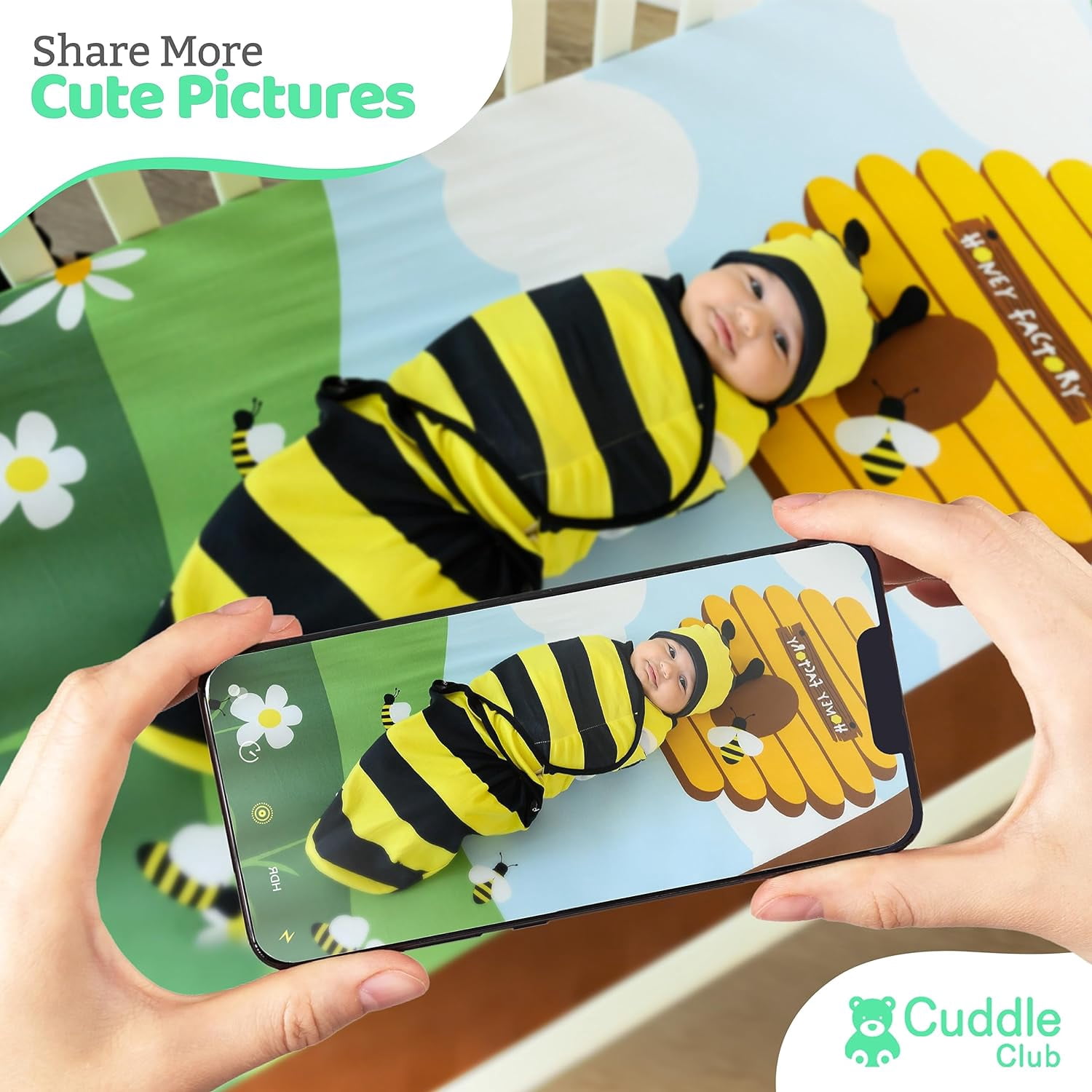 Cuddle Club Baby Wrap Swaddle Blanket Sleep Sack Bundle with Novelty Beanie Hat, Bee Large