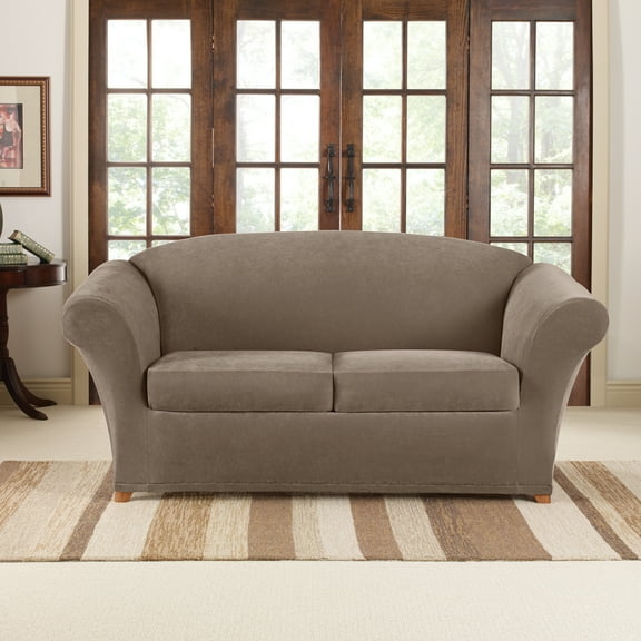 SureFit Stretch Pique Loveseat Slipcover, 3-Piece Loveseat Cover and Cushion Cover, Taupe