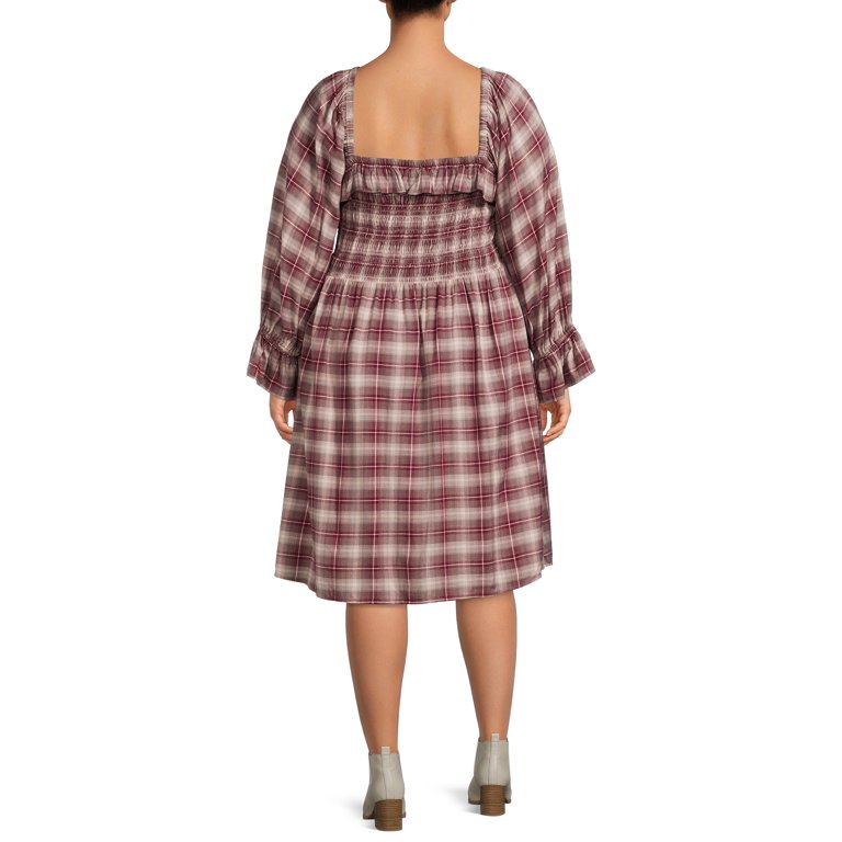 Romantic Gypsy Women's Plus Size Smocked Square Neck Plaid Dress