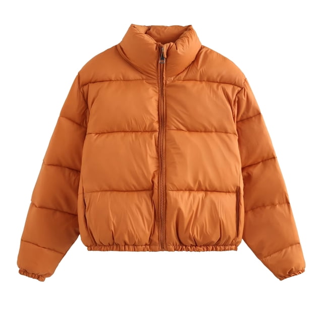 Yuyuzo 2025 Womens Puffer Jacket Stand Collar Long Sleeve Zipper Padded Coat Winter Solid Color Jackets