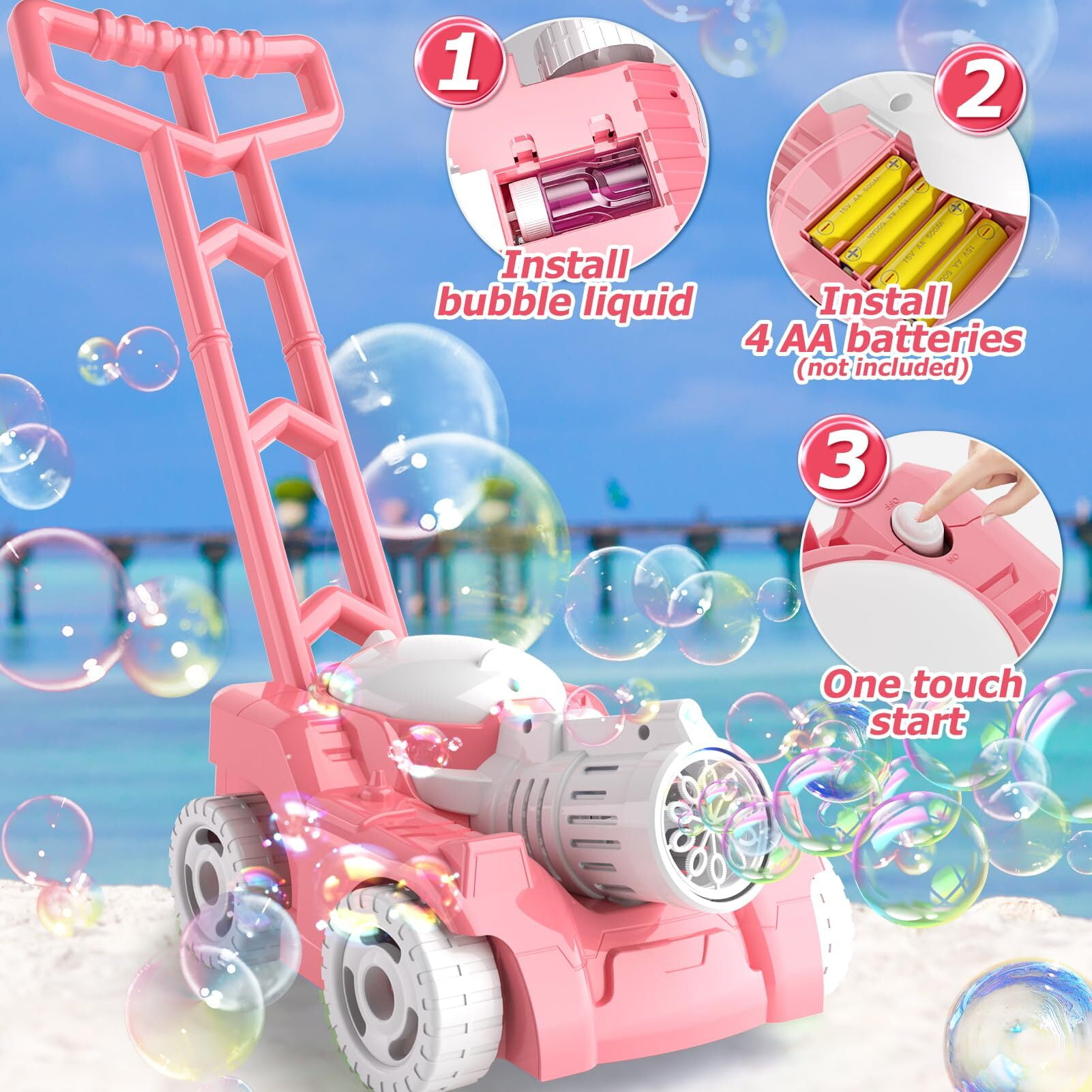 JBeeCtrl Bubble Machine Bubble Lawn Mower for Kids Toddlers Automatic Push Toys Summer Outdoor Toys Bubble Maker for Boys Girls 3-6 Years（Pink）