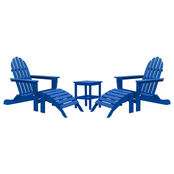 DuroGreen 5-Pc Folding Adirondack Chair Set, 2 Chairs, 2 Ottomans, and 1 Side Table Made With All-Weather Tangent Lumber, Oversized, High End Patio Furniture, No Maintenance, USA Made, Royal Blue