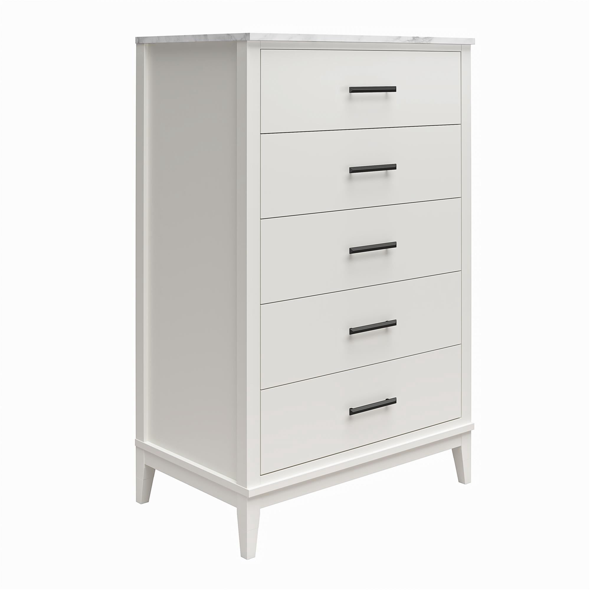 Ameriwood Home Amberleigh Tall 5 Drawer Dresser, White w/ White Faux Marble Top