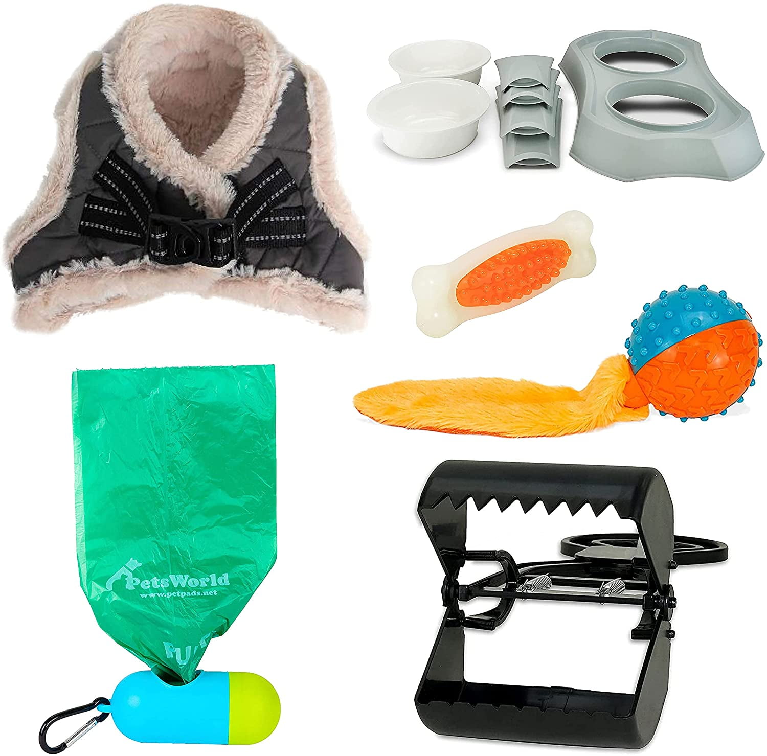 PETSWORLD Pet Starter Kit, Warm Grey Harness for Small Dogs, Pet Bowl, Dog Ball Toy, Bacon Toy, Pooper Scooper + Dog Waste Bags