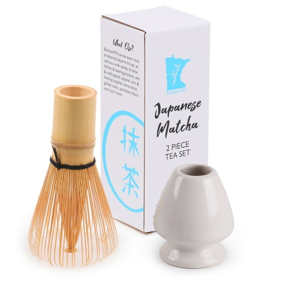Matcha Tea Whisk Set - Bamboo Whisk and White Whisk Holder Set
