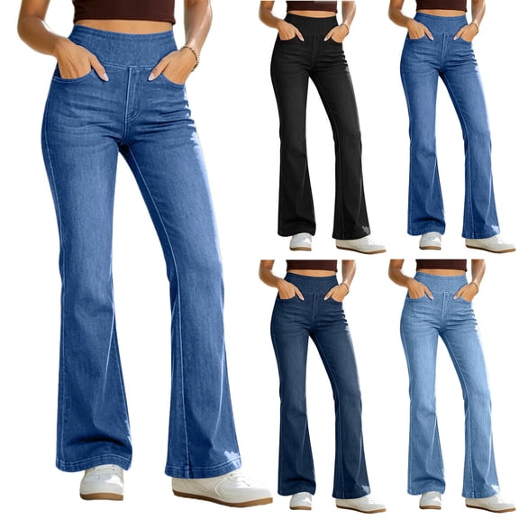 Flare Jeans for Women Solid Color Stretch Denim Flared Pants Elastic Waistband Multi Pocket Styling Casual High Rise Slimming Straight Denim Pants