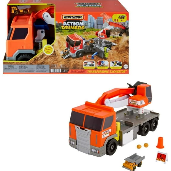 Action Drivers Transforming Excavator, Large-Scale Toy Truck with 1:64 Scale Vehicle & 4 Construction-Themed Accessories