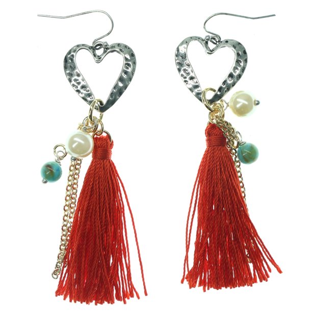 Download Mi Amore - Heart Shaped Vintage Silver-Tone Dangle Earrings Bead & Red String Tassels - Walmart ...