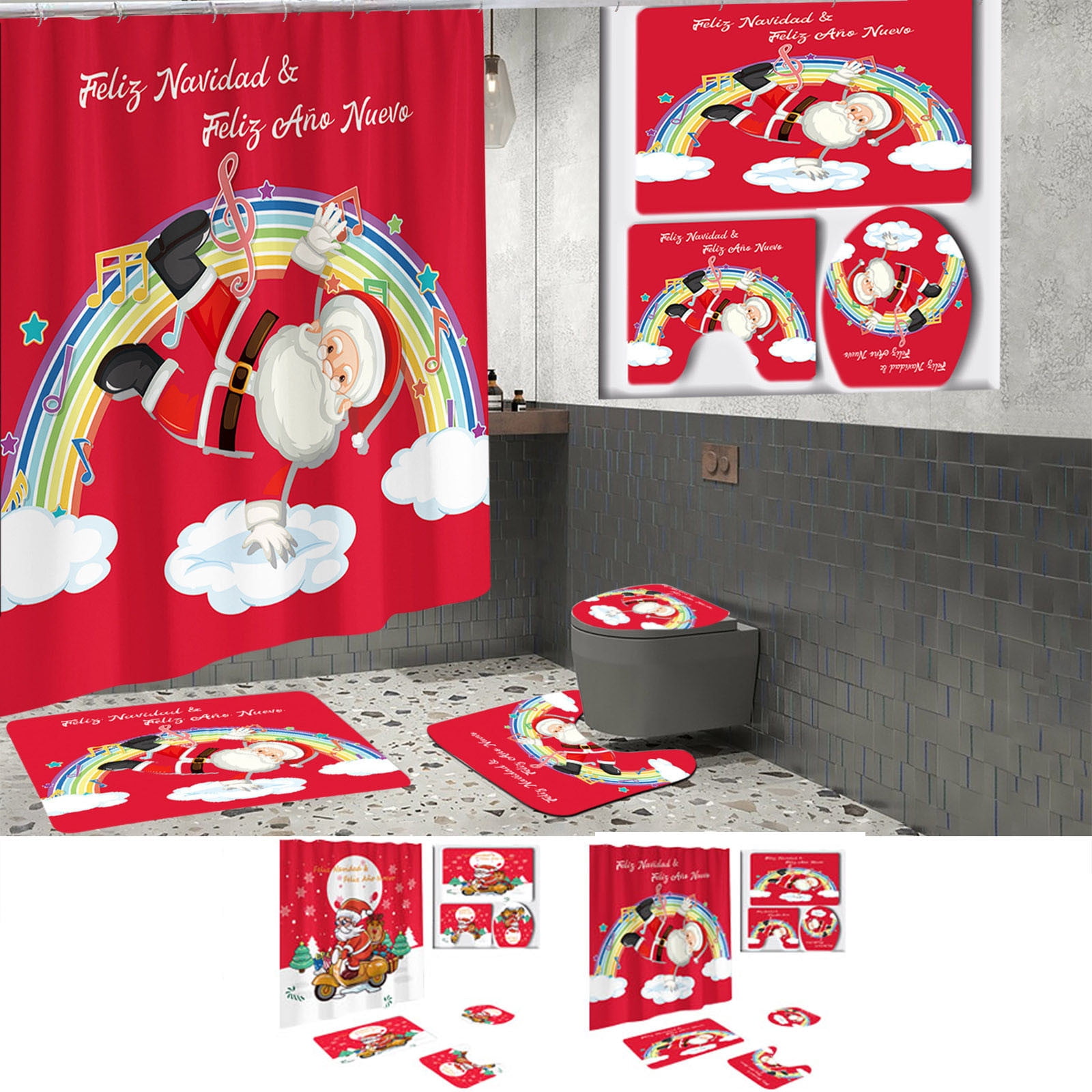 Tyidzon 4Pcs Christmas Shower Curtain Set with Non-Slip Bathroom Rugs Toilet Lid Cover U-Shaped Mats for Home Bathroom Xmas Decor, Waterproof Shower Liner 71x71"