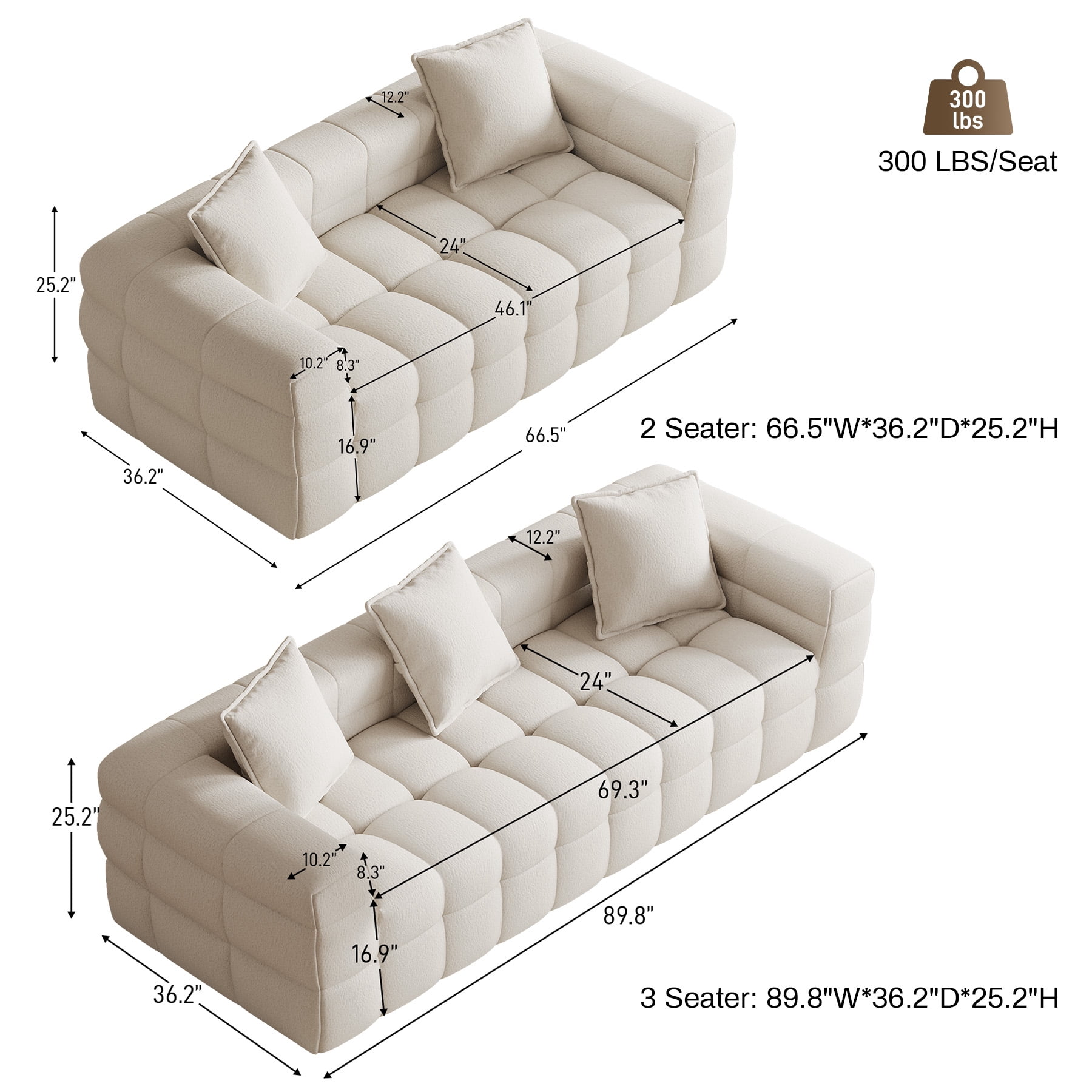 Wiilayok Cloud Sofa Couch,Chenille Deep Seat 3 Seater and 2 Seater Sofa Couch Set, No Assembly Required,Beige