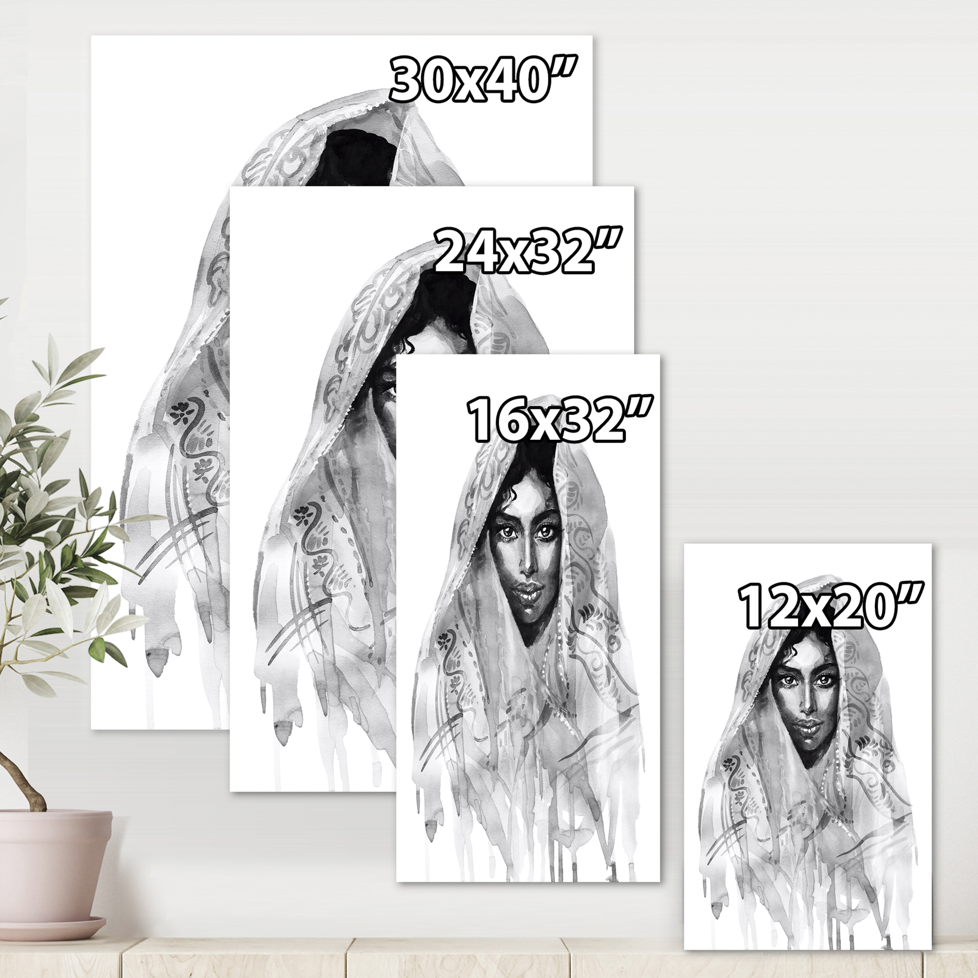 Designart ' Black and White Portrait of Young Indian Woman I ' Modern Canvas Wall Art Print