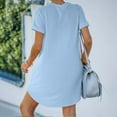 thumbnail image 4 of Ygbgbb Womens Sundresses Pleated Loose Straight Casual Midi Dresses Round Neck Solid Color Short Sleeve Dresses with Pockets Light Blue M, 4 of 7