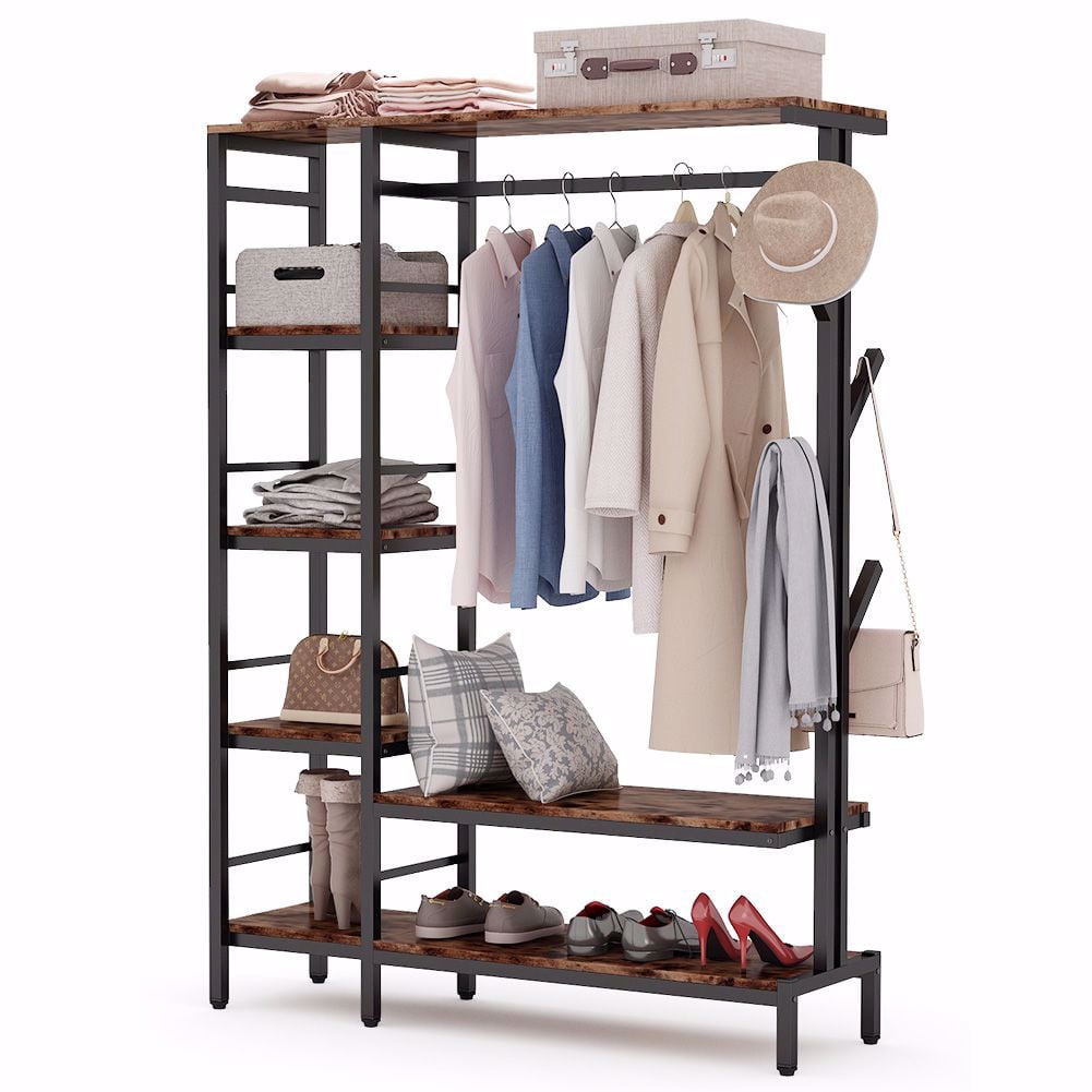 Extra Tall 47 Inches Double Rod Closet Shelf Freestanding 3 Shelves Clothes Clothing Garment Racks - Brown&Black