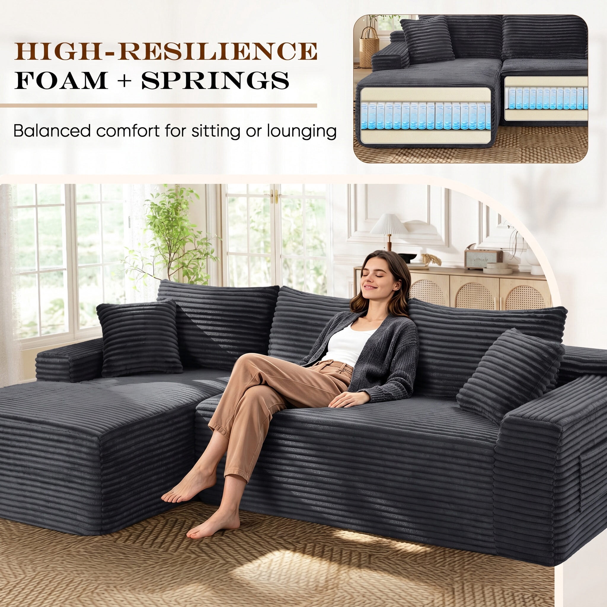 Lunale Small Modular Sectional Sofa with Movable Chaise, L-Shaped Boneless Cloud Couch for Living Room, Gray (Left Facing Chaise)