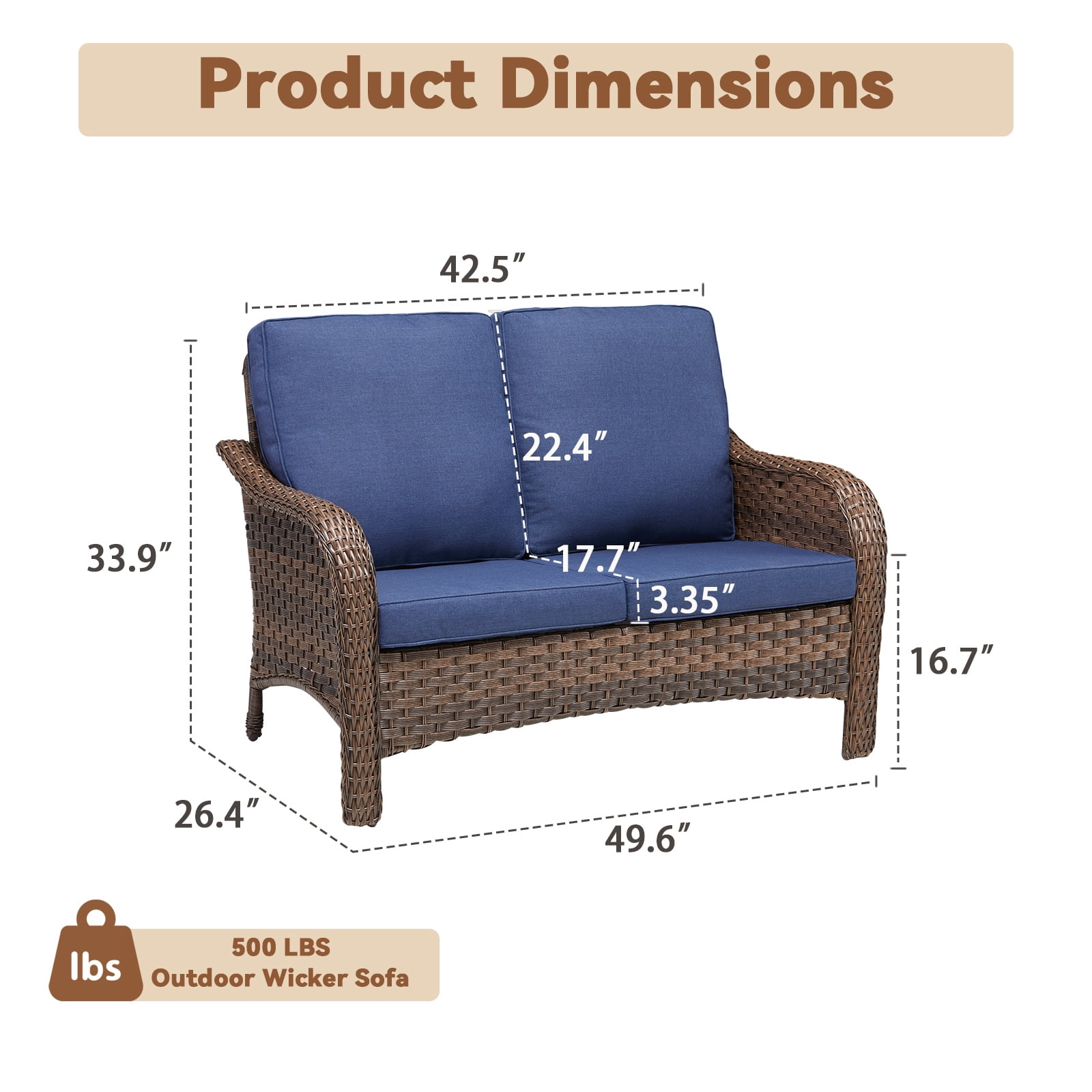 Hommoo 49.6" PE Wicker Rattan Outdoor Patio Furniture Sofa Couch, 2 Seat Patio Loveseat Cushions, Blue