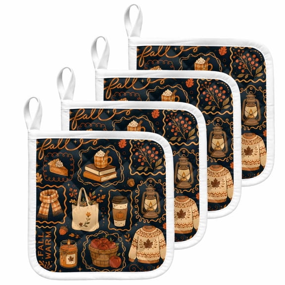 Autumn Aesthetic Fall Pot Holders for Kitchen Heatproof Potholder, 4 Pack Coffee Mug Pumpkins Thanksgiving Hot Pads Multipurpose Oven Pads Terry Cloth Potholders Trivet for Cooking and Baking