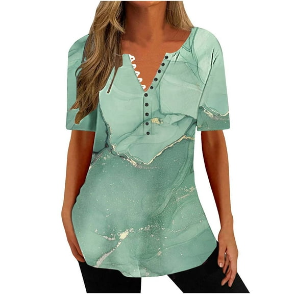 ICHUANYI Womens Short Sleeve Crew Neck T-shirt Button Floral Print Tops