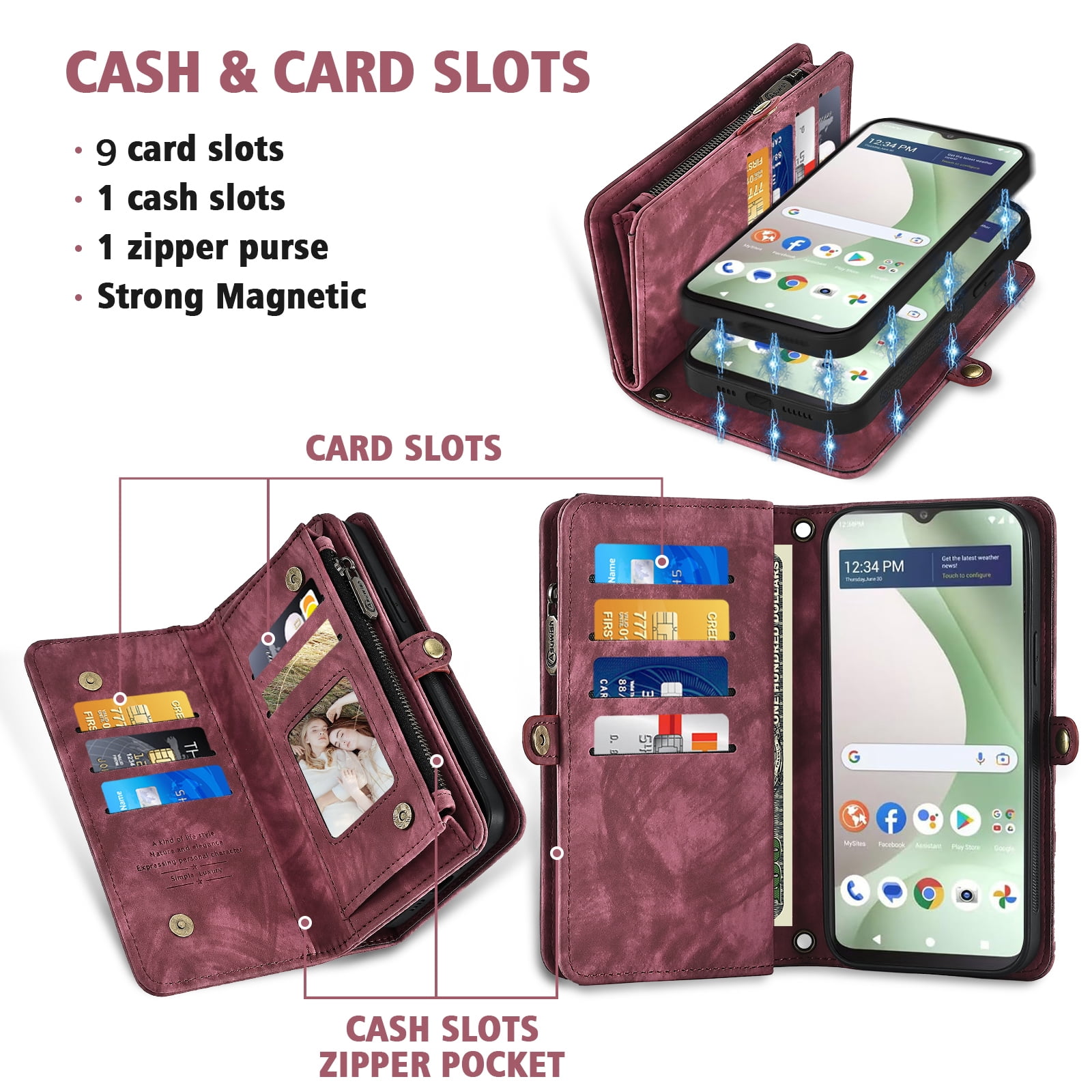 Asuwish Phone Case for Tracfone BLU View 5 B160V Zipper Wallet Detachable Cell Cover with Tempered Glass Screen Protector Crossbody Strap Flip Card Holder Trac Fone BLUE View5 160V 2024 Women Men Red
