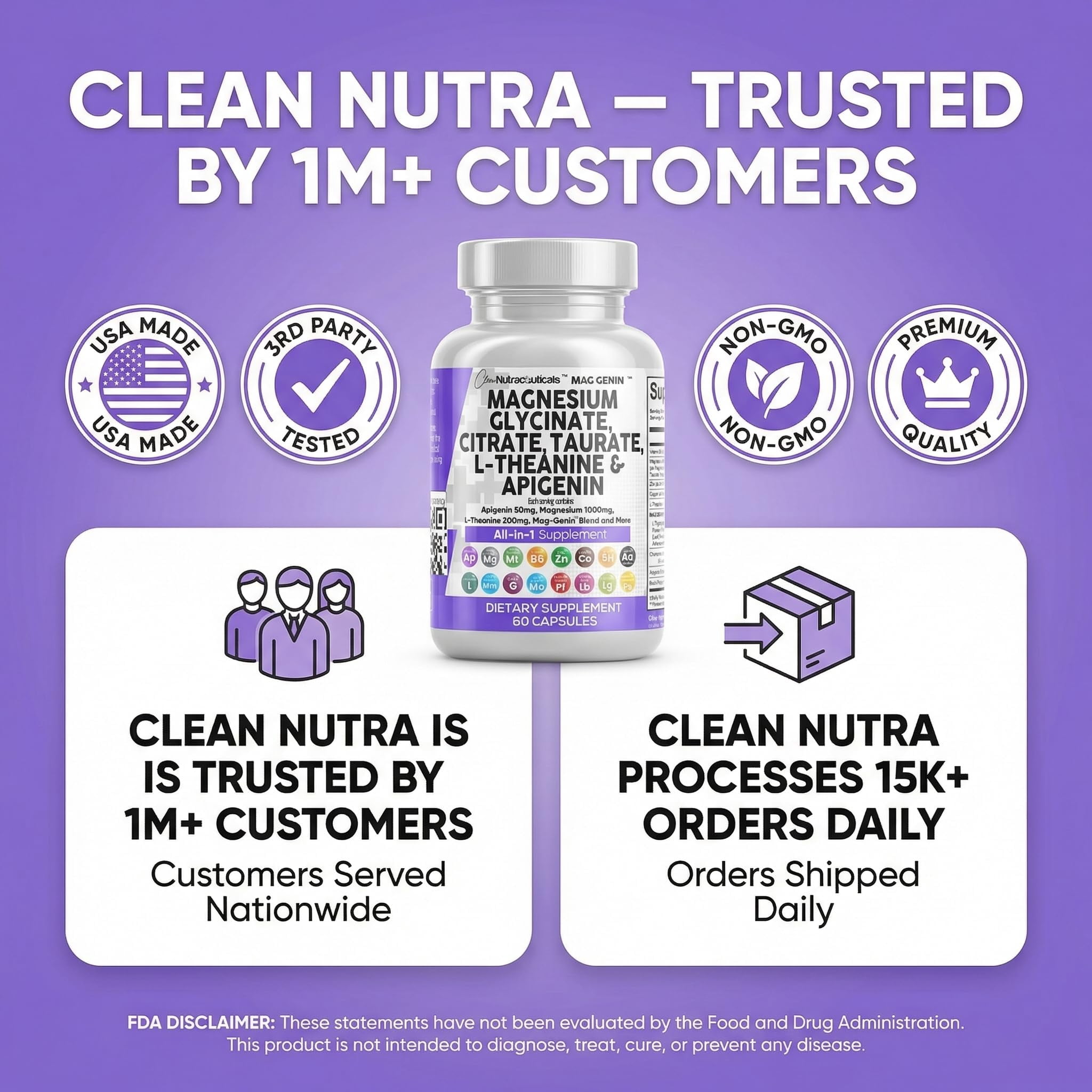 Clean Nutraceuticals Magnesium Glycinate Complex 1000mg with L-Theanine 200mg Apigenin 50mg Citrate Taurate Supplement - 5-HTP GABA Passion Flower Lemon Balm L-Glycine Phosphatidylserine - 60 Count