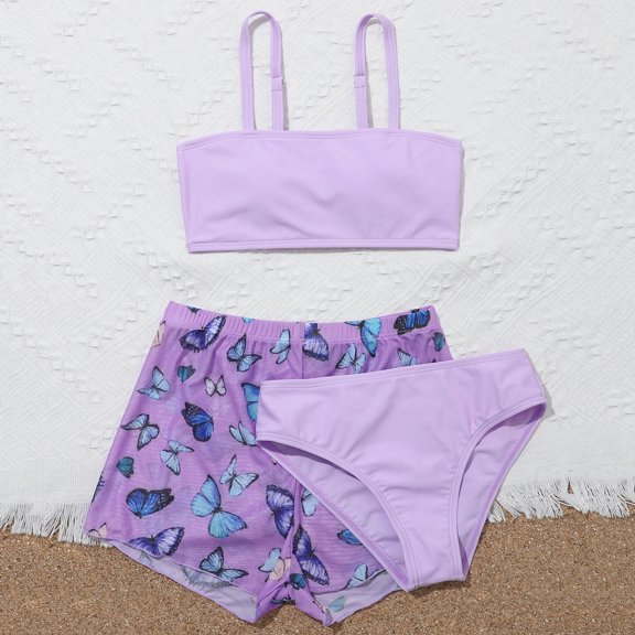 Trendfront Girls 3-Piece Bikini Set Solid Color Two-Piece Swimsuit with Butterfly Printed Boyshorts Kids Bathing Suit