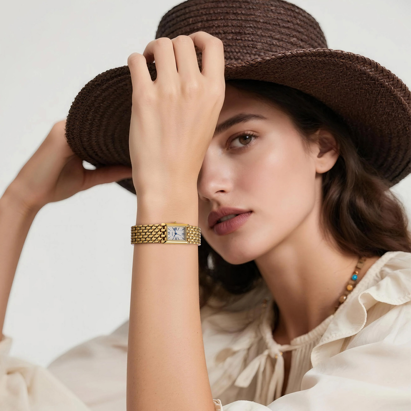 BERNY Small Gold Watches for Women, Luxury Vintage Rectangular Case Roman Dial, Dainty Stainless Steel Bracelet Watch, Adjustment Tool Included, Waterproof, Womens Gold Watch Gifts (White)