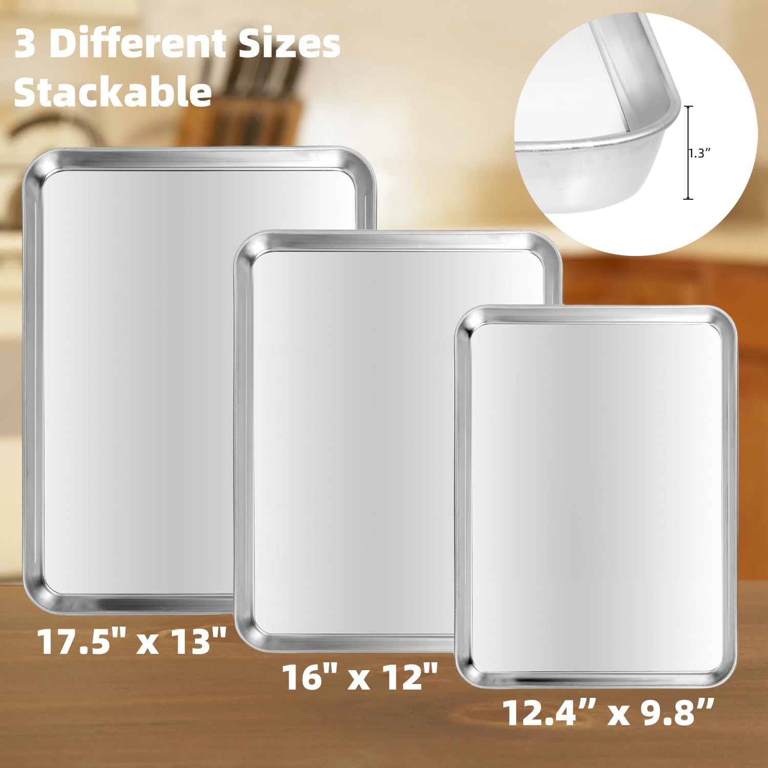 Baking Sheet Set of 3, Heavy-Duty Stainless-Steel Pans, Cookie Sheets Cooking Trays for Oven, 3 Different Sizes (12/16/17.5 Inch)