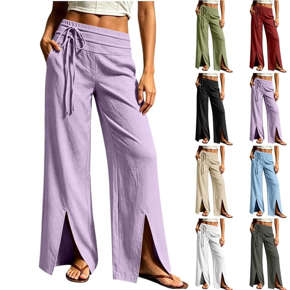 Womens Solid Color Cotton Tie Detail Elastic Waist Split Front Straight Leg Pants Casual Pocket Slit Hem Long Trousers Purple XL(XL)
