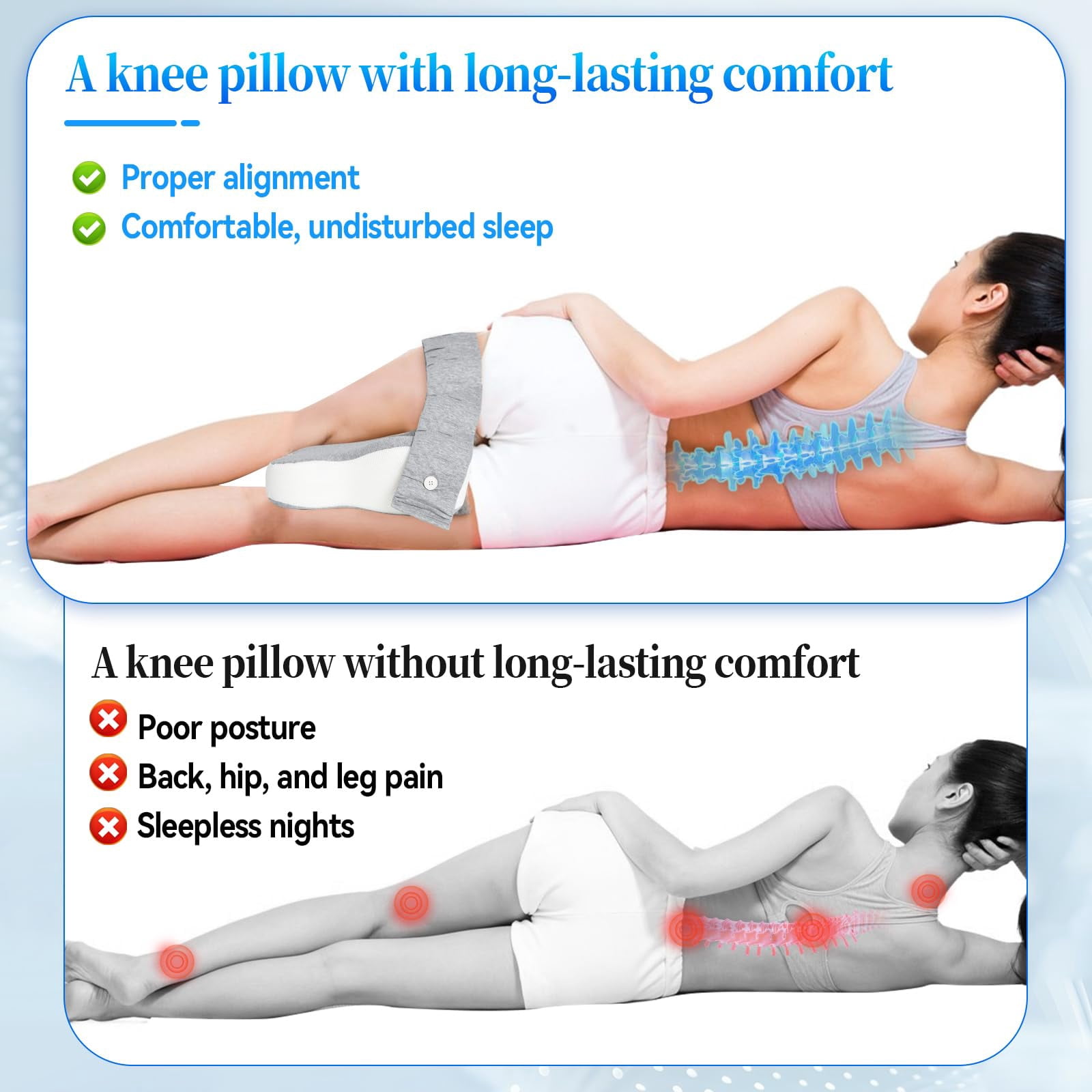 Asunby Knee Pillow for Side Sleeper with Adjustable Straps - Fully Support Thighs and Knees for Sciatica, Back, HIPS, Knees, Joints Pain Relief - Leg Pillow for Side Sleeping