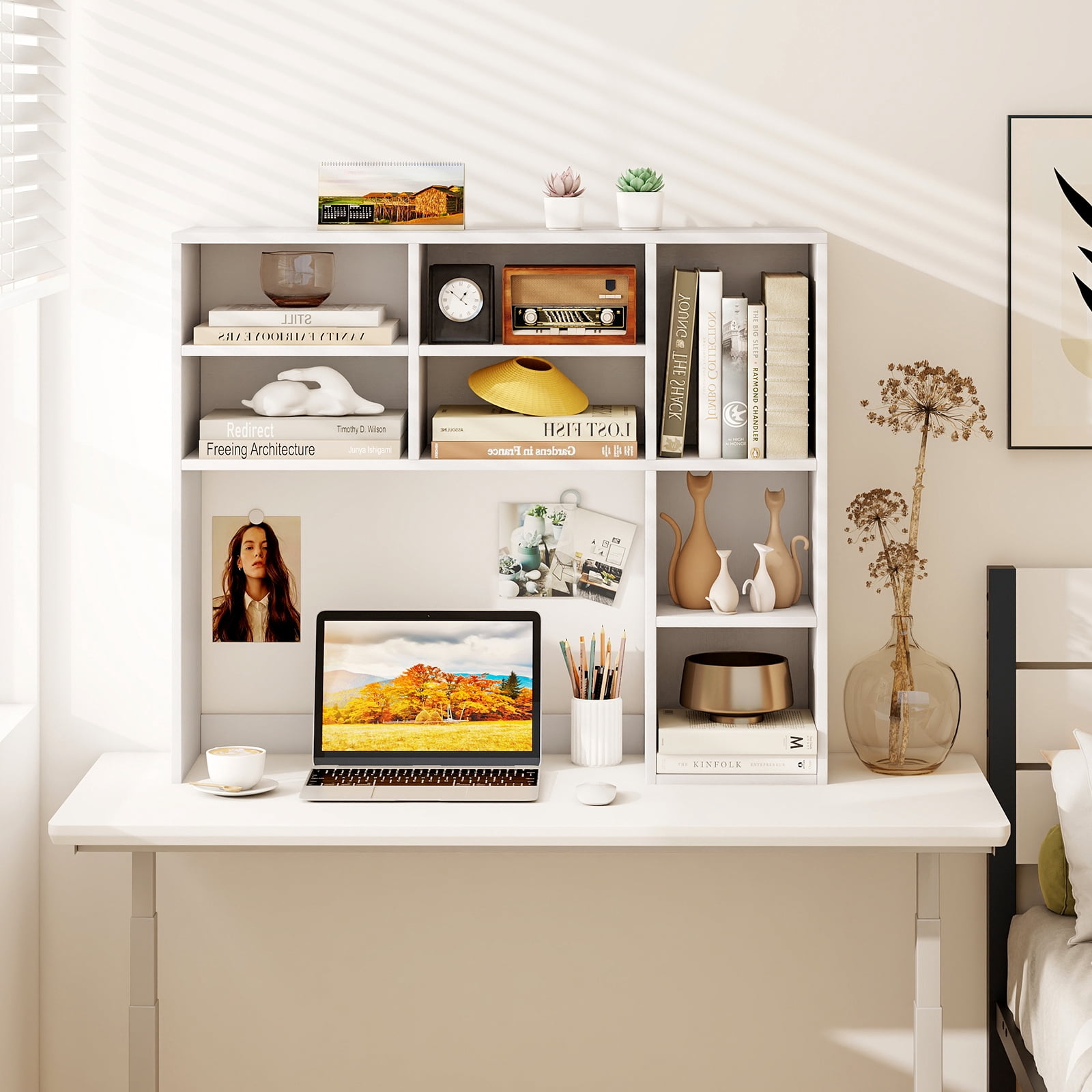 Topbuy Desktop Bookshelf 37" Countertop Storage Hutch with 7 Cubes & 3 Adjustable Shelves 3-Tier Desk Display Rack Organizer Desktop Hutch White