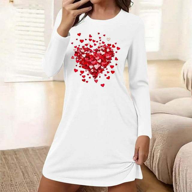 Camisón corto holgado y cómodo con cuello redondo y manga larga estampado para mujer