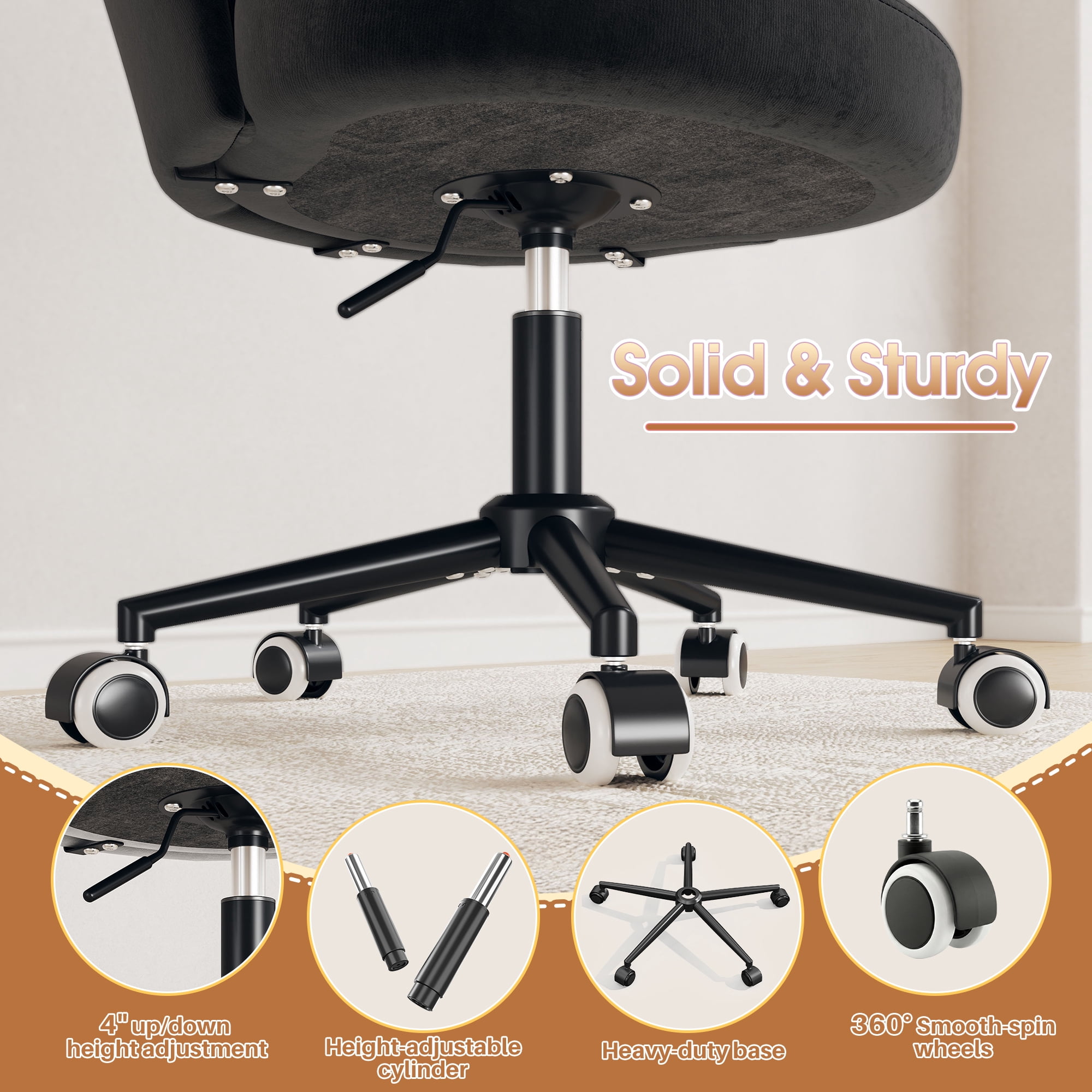 Romorgniz Velvet Vanity Chair with Petal Backrest Height Adjustable Desk Chair with Wheels Seashell Makeup Chair for Bedroom, Black