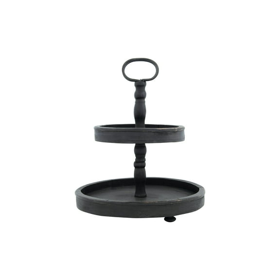 Creative Co-Op Distressed Blackwashed Wood 2-Tier Tray with Metal Handle