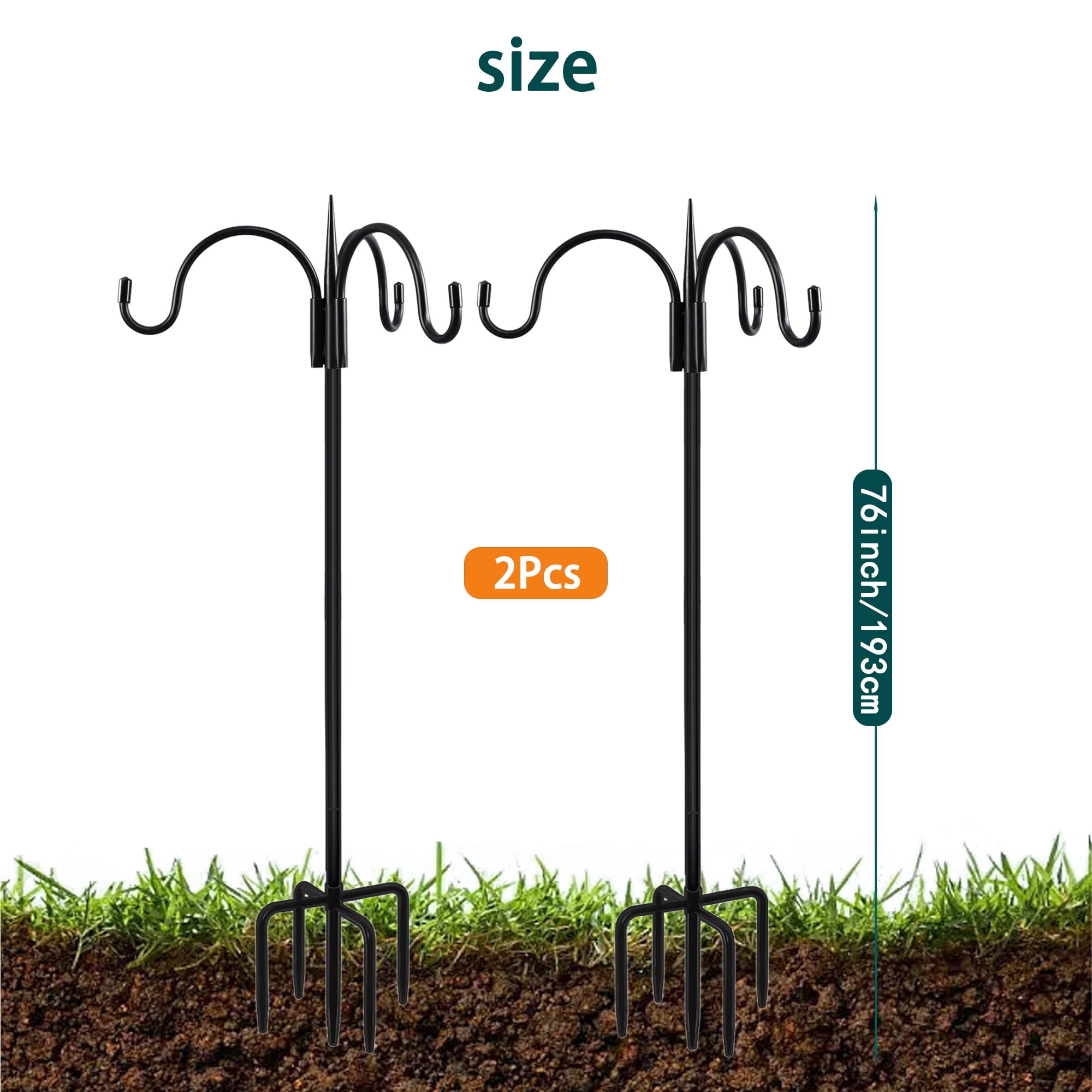 76 Inch Three Shepherd Hooks for Outdoor,Bird Feeder Pole with 5 Prong Base, Adjustable Shepard Hooks for Hanging Plant, Solar Lanterns, Wind Chimes, 2 Pack