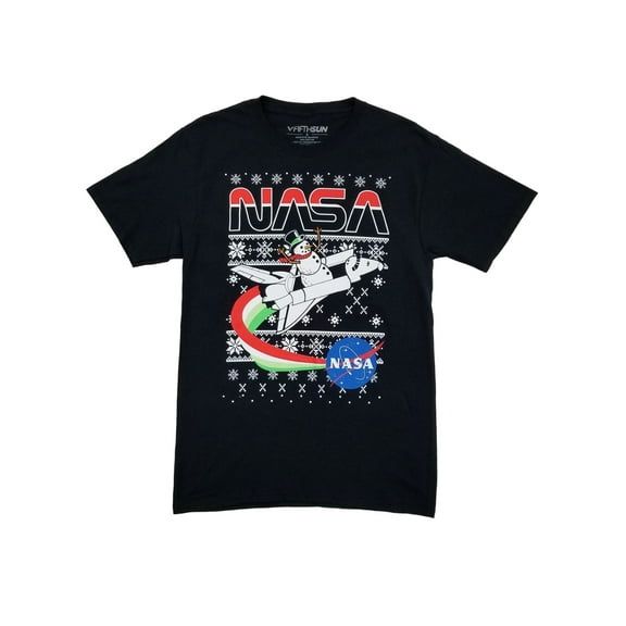 NASA Mens Black Snowman Space Shuttle Rocket Ship Fair Isle Christmas T-Shirt S