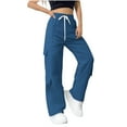 thumbnail image 4 of qucoqpe Womens Wide Leg Cargo Pants with Multiple Pockets Solid Elastic Waist Straight Leg Hiking Joggers Trousers, 4 of 5