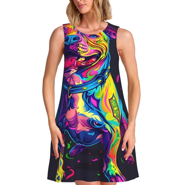 Disketp Neon Pop Art Pitbull para Vestido sin Mangas para Mujeres, Vestidos de Verano para Mujeres, Casual y Holgado para la Playa