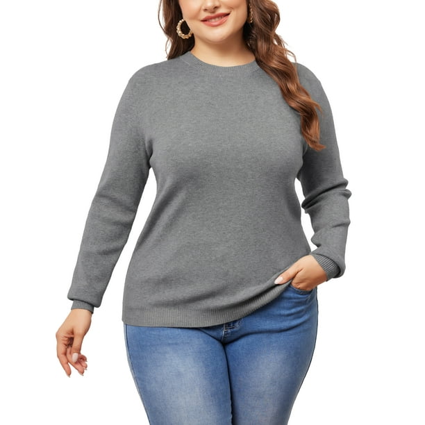Suéter de mujer de talla grande GRACE & GRANDEUR, camiseta básica de manga larga con cuello redondo, parte superior de punto casual 1X gris