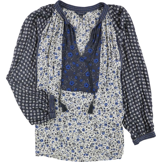 Lucky Brand Blusa campesina con borlas para mujer, azul, mediana Lucky Brand Campesino