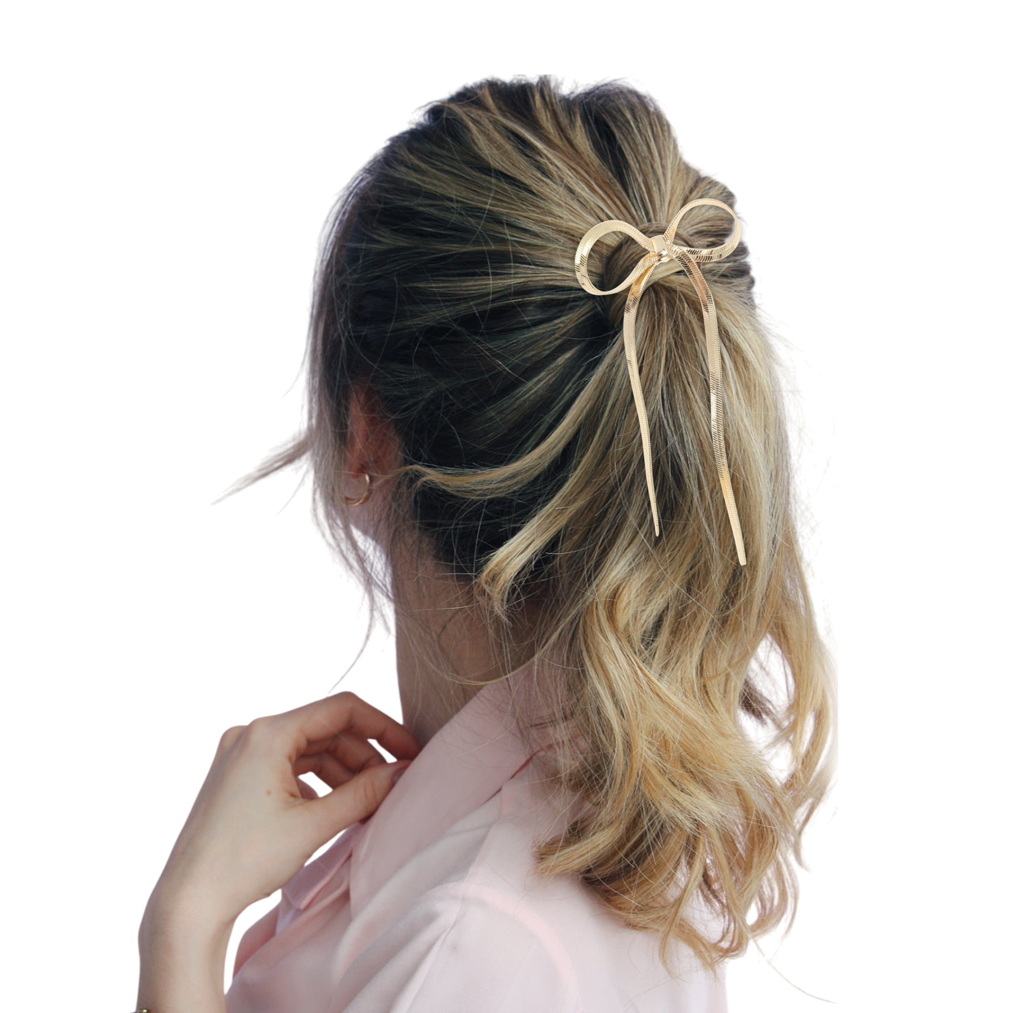 Unique Bargains Long Bow Ponytail Buckle Hair Clip 1 Pc Gold Tone