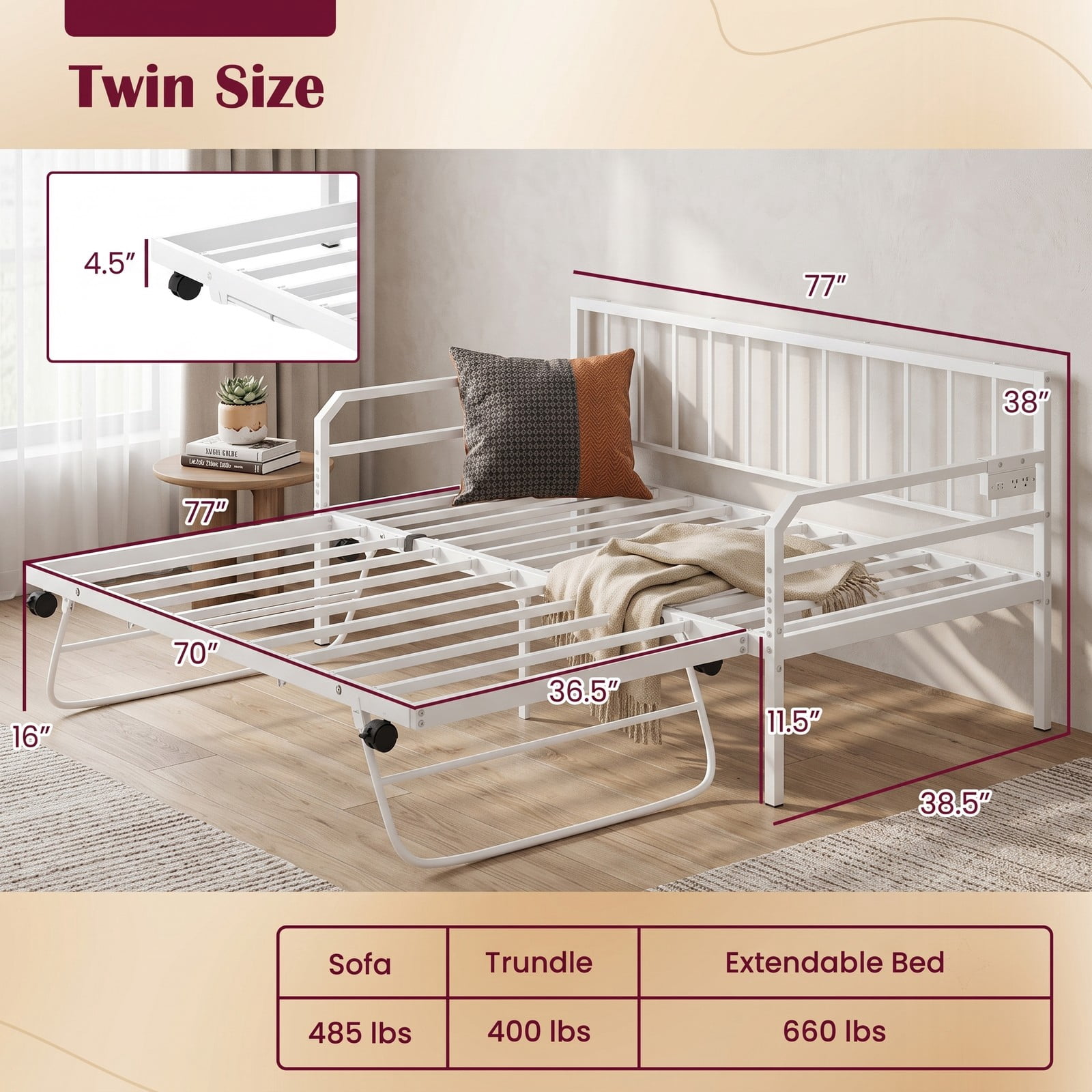 Furnibear Twin Metal Daybed with Pop-Up Trundle, Built-In Charging Station and LED Light for Bedroom and Guest Room, White