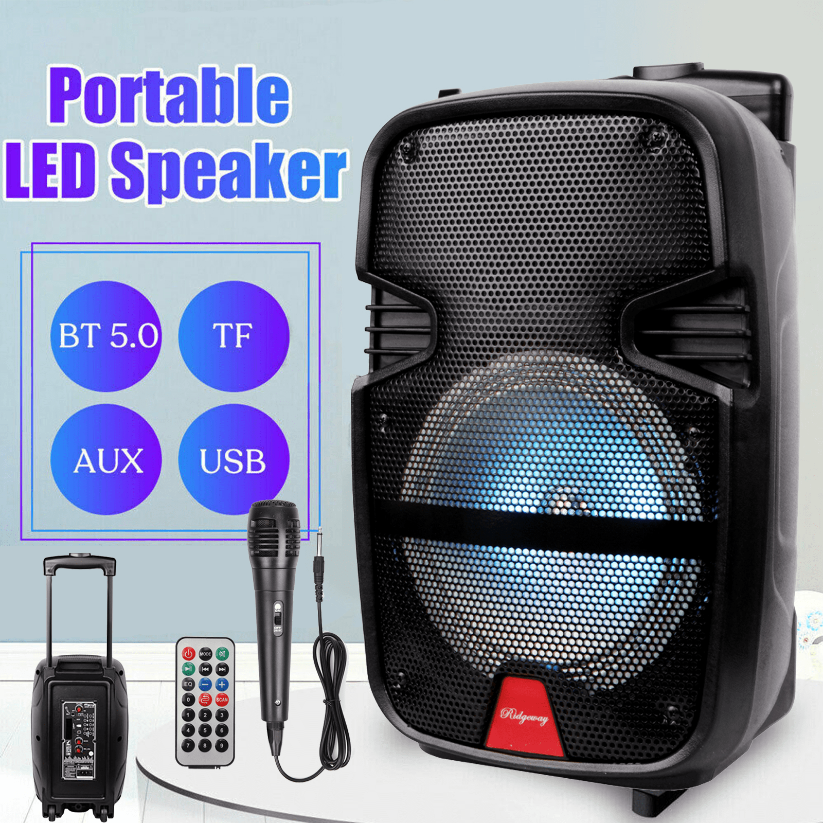 Curuk Portable Bluetooth Portable Speaker 8" Woofer PA System w/ Mic RC LED Handle Wheels