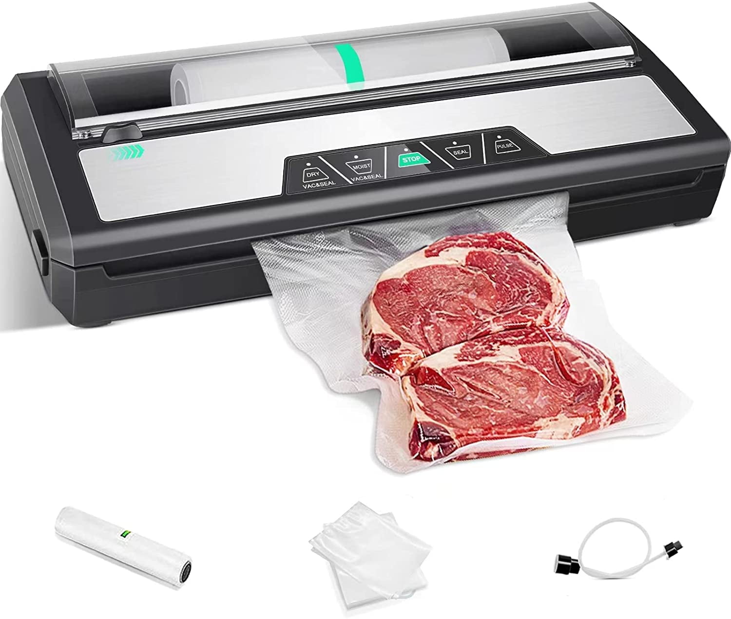  Automatic Food Vacuum Sealer System - 110W Sealed Meat Packing  Sealing Preservation Sous Vide Machine w/ 2 Seal Modes, Saver Vac Roll  Bags, Vacuum Air Hose - NutriChef PKVS35STS (Stainless Steel)