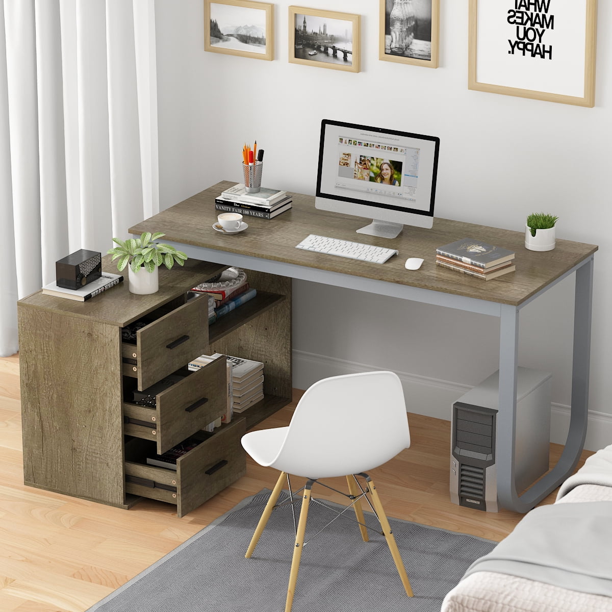 Gymax 87'' Two Person Computer Desk Adjustable L-Shaped Office Desk W/Shelves & 