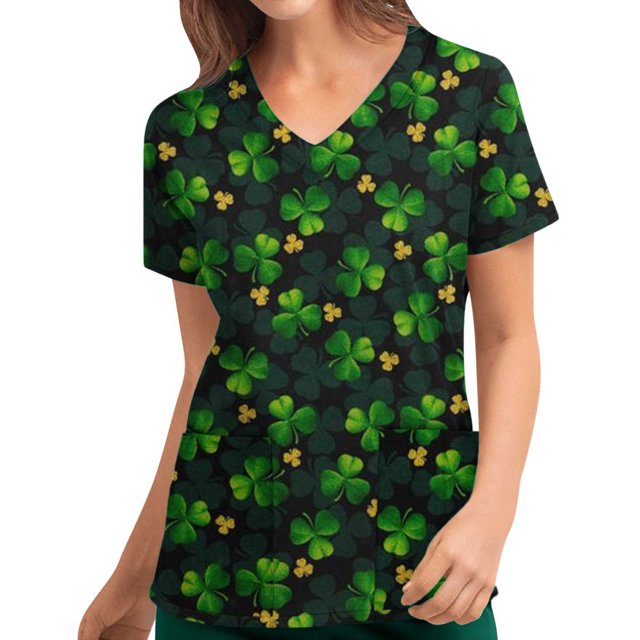 Puntoco moda mujer St. Patrick'S Day estampado manga corta cuello en V tops enfermería uniforme de trabajo Puntoco Puntoco-4545