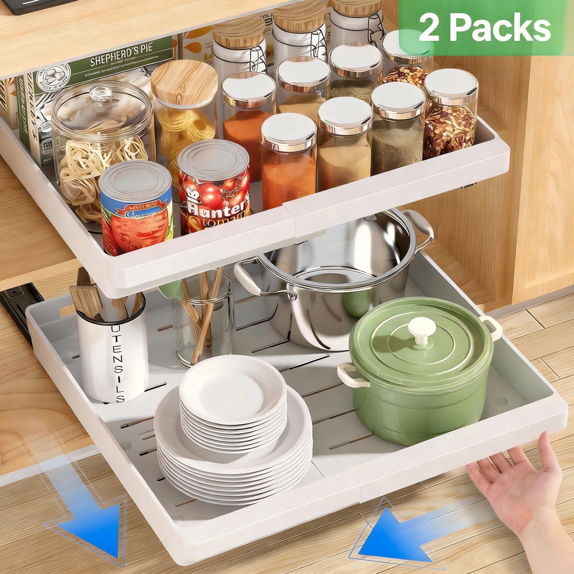 2 Pack Expandable Pull Out Cabinet Organizer, AOKIWO Slide Out Drawers with Adhesive Nano Film for Kitchen Pantry Under Sink (White, 11.6''-17.5'')