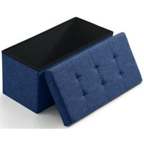 Ornavo Foldable Tufted Linen Large Storage Ottoman Bench Foot Rest Stool/Seat - 15" x 30" x 15"- Navy
