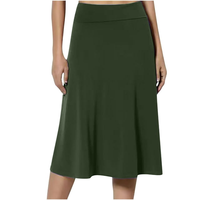 Clearance-Sale Skirts for Women Basic Slim Skirt Solid Color Softy Breathable Midi Skirt Elastic High Waist Swing Hem Ruched Lightweight Long Skirts for Women Weekly-Deals(Green,3XL)